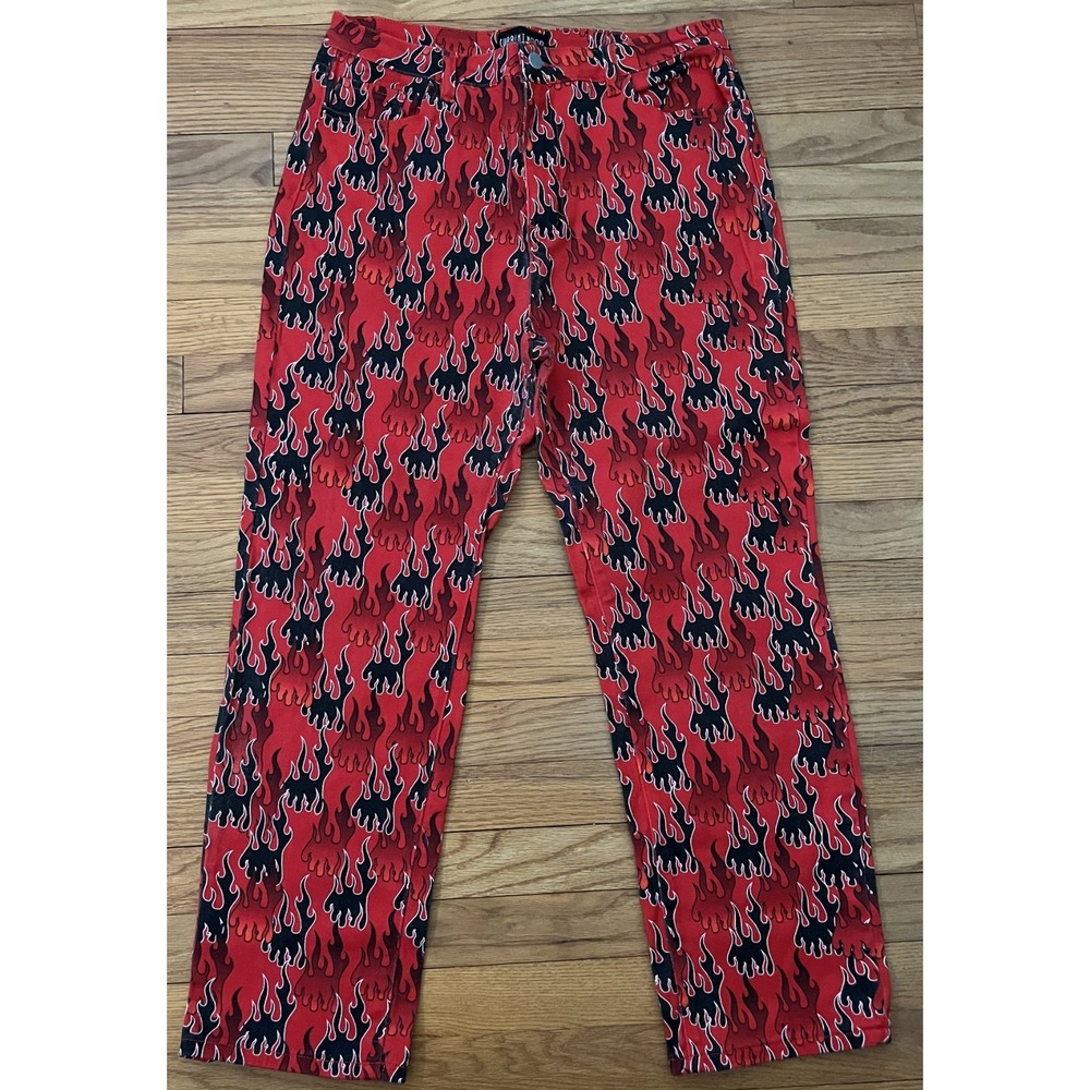 Current Mood Dolls Kill High Rise Straight Red Black Flame Print Jeans Women XL